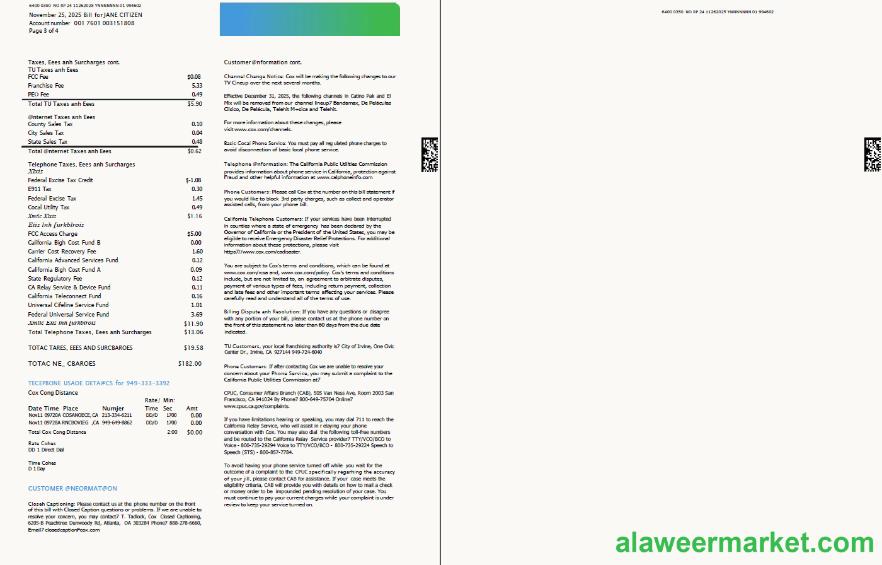 USA Cox utility bill template in Word and PDF formats, 4 pages, 3-4 pages